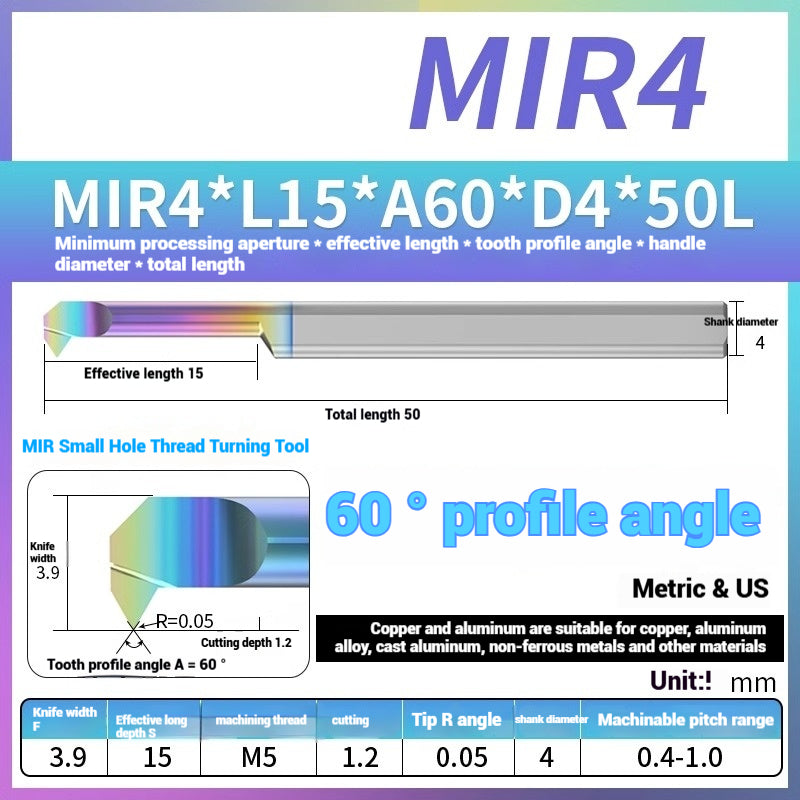 1125-MIR Bore Thread Turning Tools DLC Color Coated Aluminum and Copper CNC Shock Resistant Tungsten Carbide Small Hole Turning Tools Picking Tools Shandong Denso Pricision Tools Co.,Ltd.
